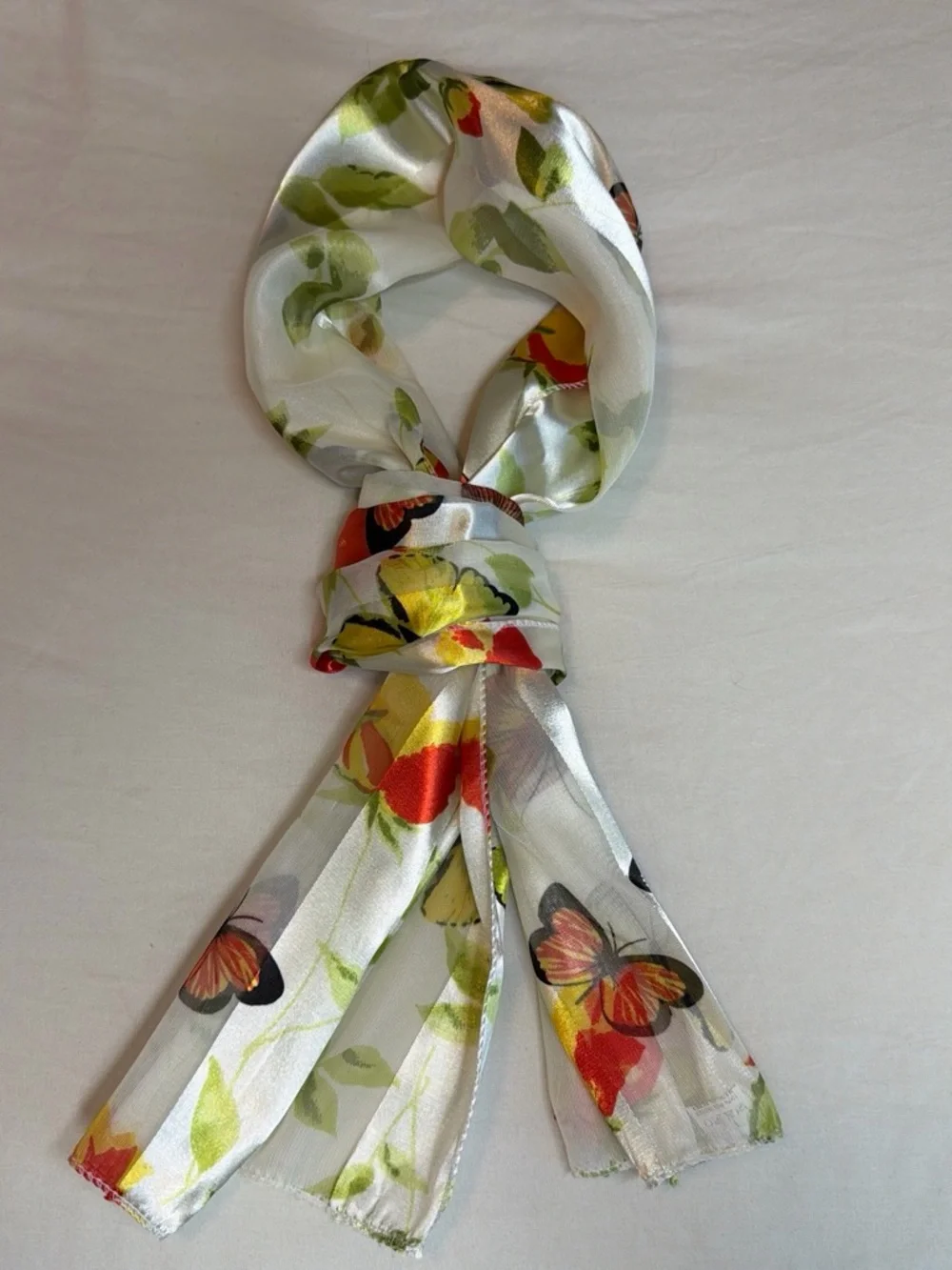 White Floral & Butterfly Satin-Feel Scarf in Red and Yellow